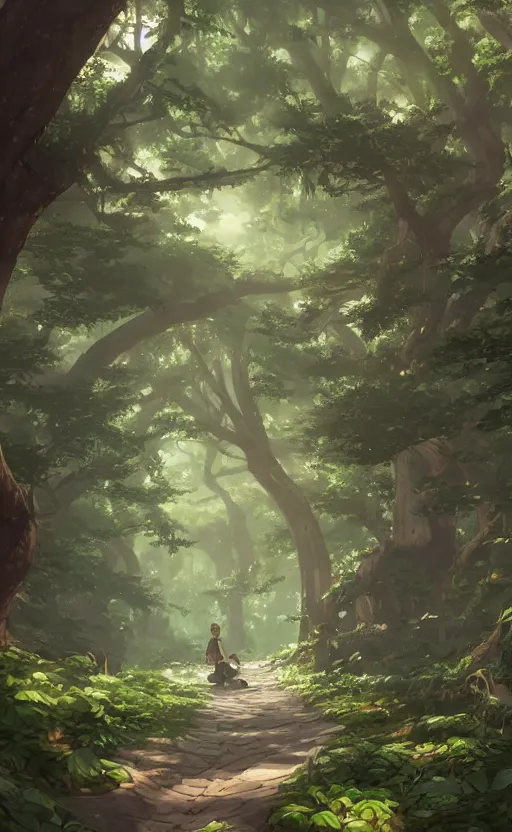 Image similar to forest path, beautiful ancient trees, hiding large treasure chest, serene evening atmosphere, soft lens, soft light, cel - shading, animation, in the style of cgsociety, deviantart, artstation, zbrush, cinema 4 d, studio ghibli, akihiko yoshida, atelier lulua, masamune shirow