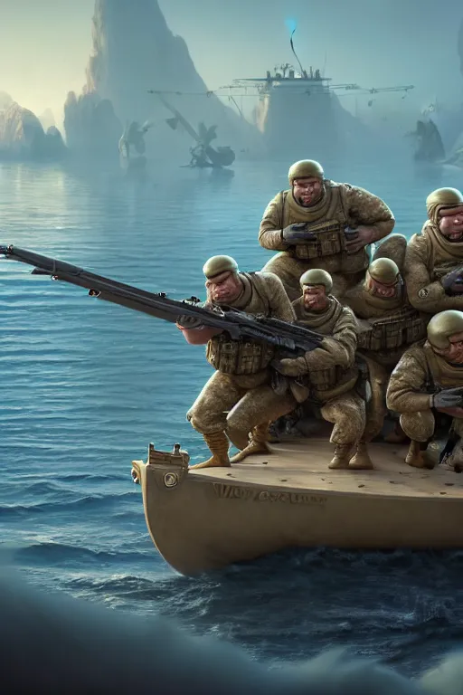 Image similar to pixar soldiers aiming at a walrus sleeping on a boat | glamorous oily soft polished rich ornate modern | weta disney pixar movie still photo | hi - fructose, sci fi fantasy, smooth, octane render, sharp focus, artstation, concept art | artgerm, mucha, rutkowski, feng zhu, wlop, loish