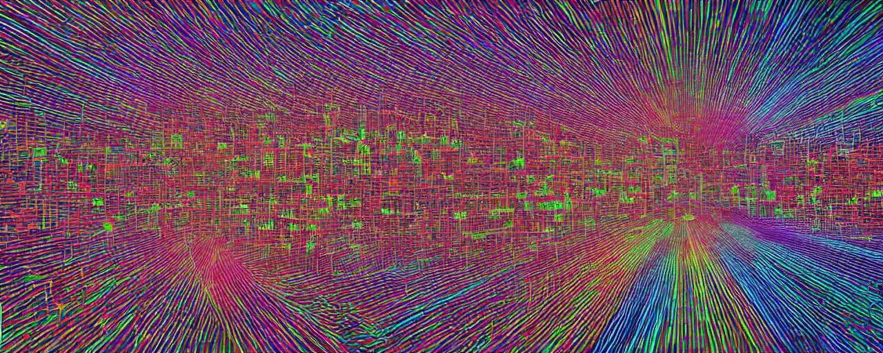 Image similar to bright lattices of data and logic in the shape of a city skyline unfolding across a vast colorless void, in the style of colorful digital art, in the shape of an audio waveform