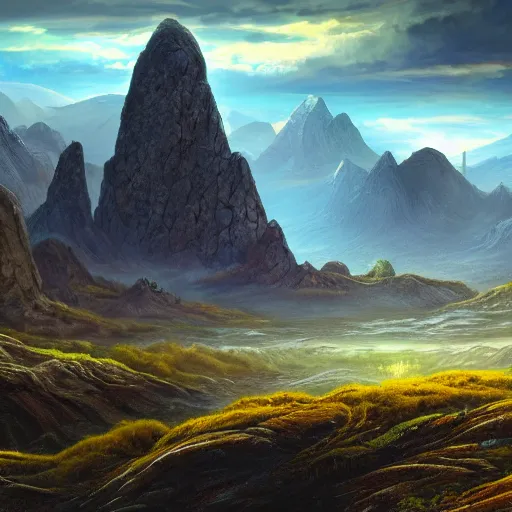 Image similar to The stone landscape with mountains in the background, Sci-Fi fantasy desktop wallpaper, painted, 4k, high detail, sharp focus