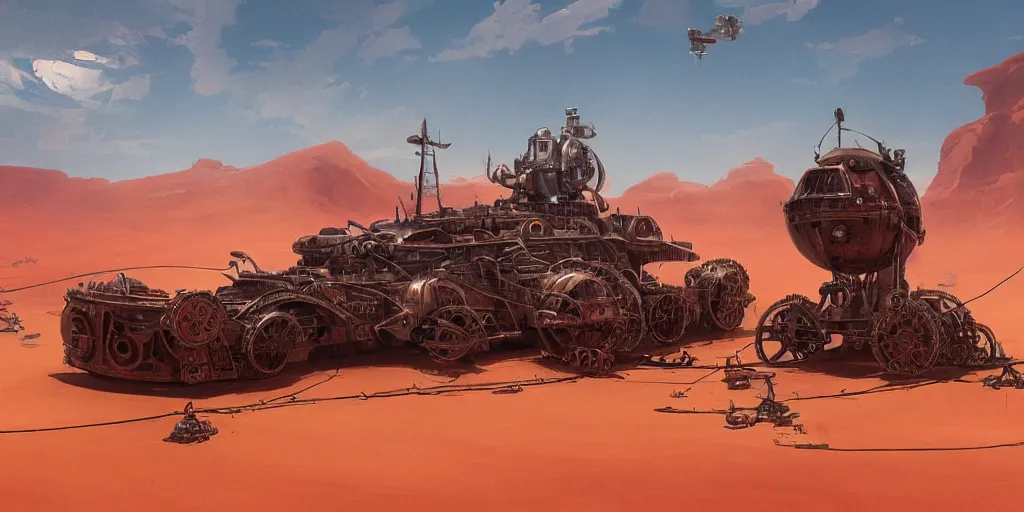 Image similar to steampunk hovercraft in a red desert, greg rutkowski, 8 k, shallow depth of field, intricate detail, concept art,