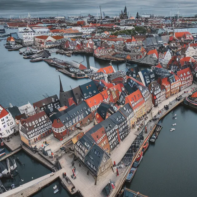 Image similar to copenhagen denmark with new england colonial buildings on a harbor, cinematic, volumetric, realistic, cinematic lighting, ray tracing, unreal engine 5, octane render, hyper realistic, photo, 8 k