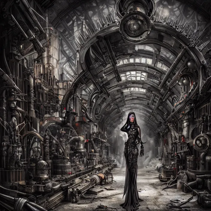 Image similar to apocalyptic woman in hood standing in hall of machinery and weaponry, hyper - detailed, smooth, sharp focus, 4 k ultra hd, fantasy dark art