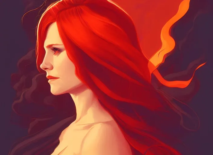 Image similar to style artgerm, joshua middleton, beautiful kristen bell with dark red dress, very long orange hair, symmetrical face, symmetrical eyes, fire powers fire swirling, detailed, volcano setting, cinematic lighting