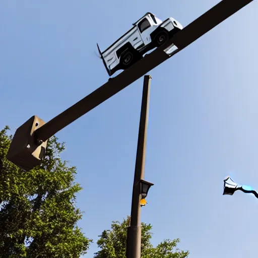 Prompt: truck dangling from atop a street light pole