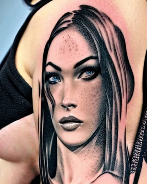 Prompt: double exposure effect tattoo design sketch of megan fox and beautiful mountains, realism tattoo, in the style of matteo pasqualin, amazing detail, sharp