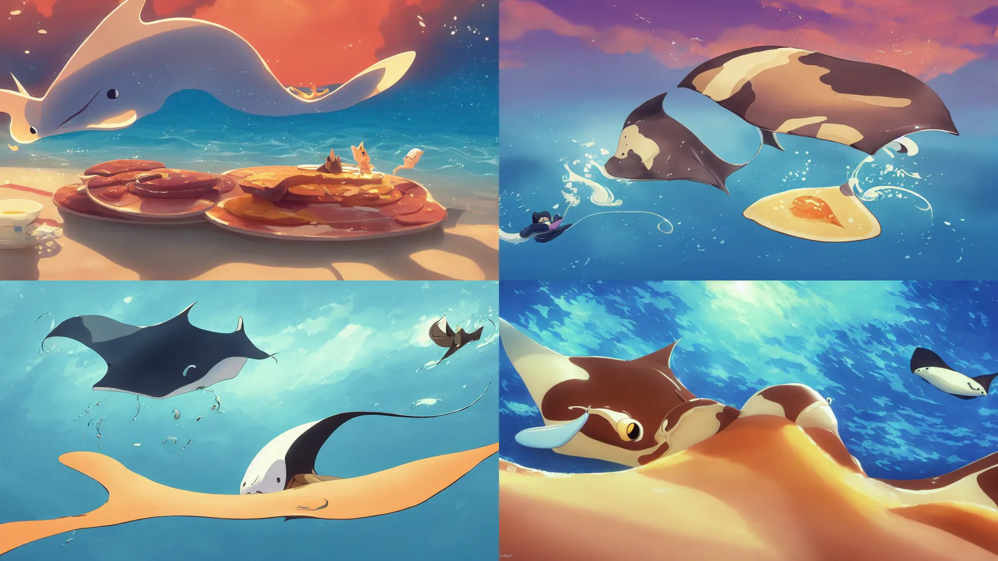 Prompt: painting of a happy flat pancake manta ray swimming in syrup, cute, 4 k, manta ray made of pancake, fantasy food world, living food adorable pancake, brown atmospheric lighting, by makoto shinkai, studio ghibli, chris moore, ross tran