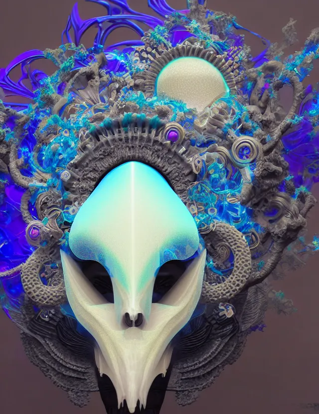 Image similar to 3 d goddess close - up profile solarpunk portrait ram skull. beautiful intricately detailed japanese crow kitsune mask and clasical japanese kimono. betta fish, jellyfish phoenix, fractal flame, bio luminescent, plasma, ice, water, wind, creature, artwork by tooth wu and wlop and beeple and greg rutkowski