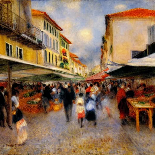 Prompt: Painting of a street market, portugal, by Renoir, Jean Béraud, busy, movement, impressionist, early morning, somber colours