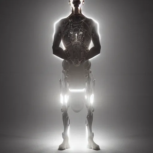 Image similar to Half cyborg half monk discovering enlightenment, dark atmosphere, 8k, cinematic lighting, symmetry, elegant, ornate, hyper realistic, zen