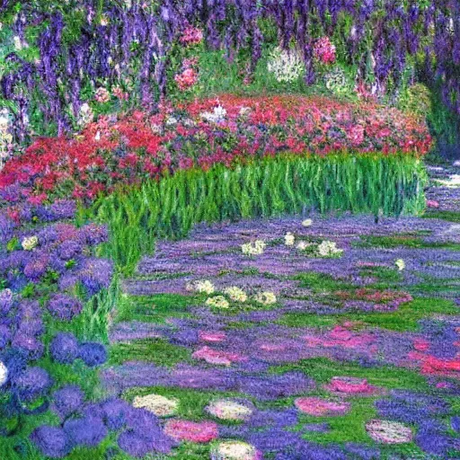 Image similar to a gorgeous garden on the edge of a cliff filled with beautiful flowers of blue and violet and pink from all around the world, monet