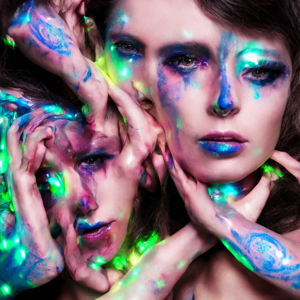 Image similar to a beautiful cyborg woman with fluorescent tatoos on the face, multicolor studio lights.