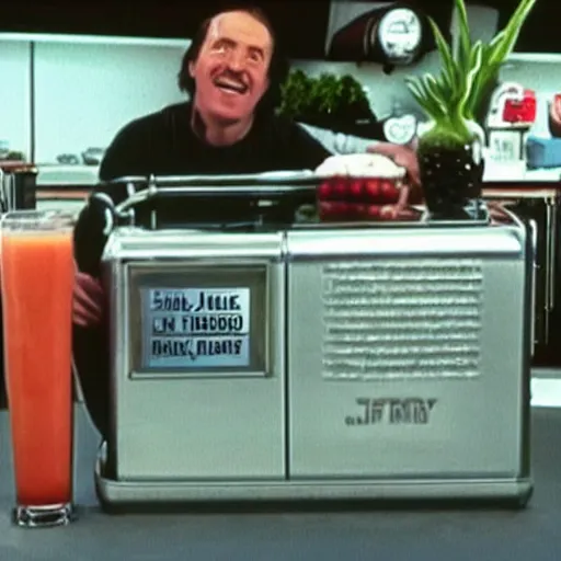 Image similar to 2001 tv still of 'Frank the juice man' promoting juicing machines that will help you live forever