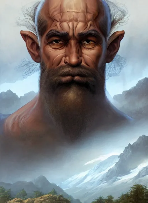 Prompt: a highly detailed symmetrical airbrush painting of a bald male dwarf with long brown beard in a mountainous landscape, morning, dynamic lighting, ambient lighting, deviantart, art by artgerm, frank frazetta and glenn fabry