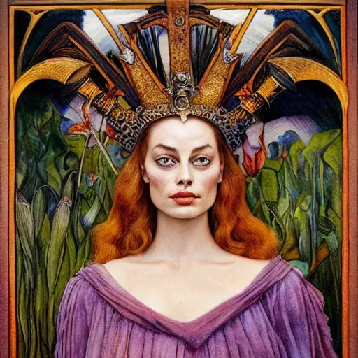 Prompt: weeping Margot Robbie wearing the bone crown, by Annie Swynnerton and Diego Rivera and Evelyn De Morgan, symbolist, dramatic lighting, elaborate geometric ornament, Art Brut ,god rays, soft cool colors,smooth, sharp focus, extremely detailed, Adolf Wölfli