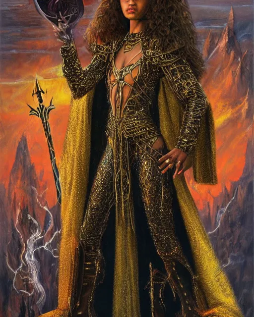 Image similar to detailed portrait of Zendaya as a powerful dungeons and dragons wizard, wearing gilded robe, intricate, hyper detailed, realistic, oil painting, by jeff easley, boris vallejo, cinematic lighting