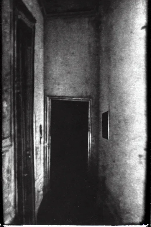 Image similar to Black and white camera obscura image of creepy room, 1910s paris, scary, horror, dark mood