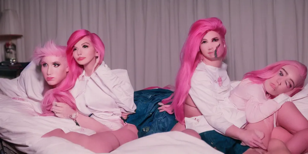 Prompt: donald trump on a bed next to belle delphine e - girl with pink hair, canon 5 0 mm, cinematic lighting, photography, retro, film, kodachrome