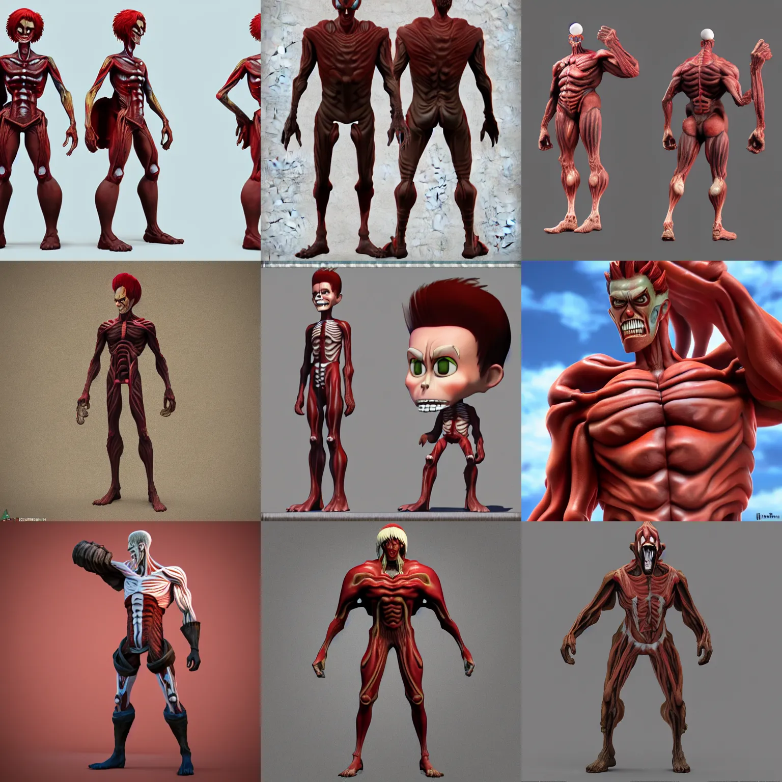 Prompt: 3 d model of jimmy neutron as the colossal titan from attack on titan, substance painter, painted texture maps