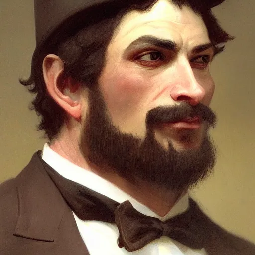 Prompt: detailed portrait painting of gentleman orc wearing brown tuxedo by William-Adolphe Bouguereau, deviantart, artstation, fantasy