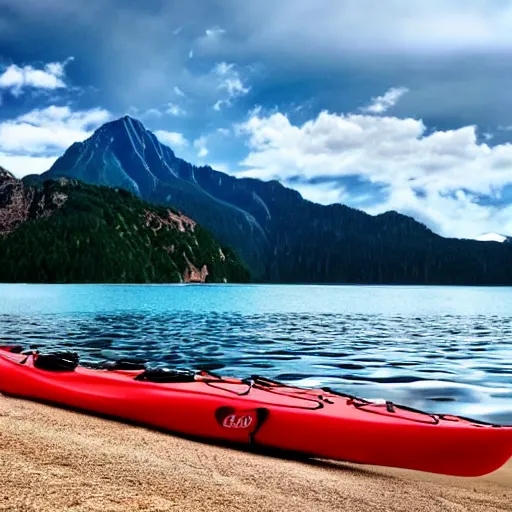 Prompt: a beautiful image of a breathtaking lake with amazing mountains in the background, there is a kayak in the foreground on the beach. landscape image