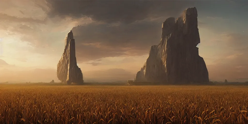 Prompt: wide shot of a monolith floating high above a cornfield, late afternoon, golden hour, highly detailed, smooth, sharp focus, concept art by greg rutkowski and jakub rebelka and ruan jia