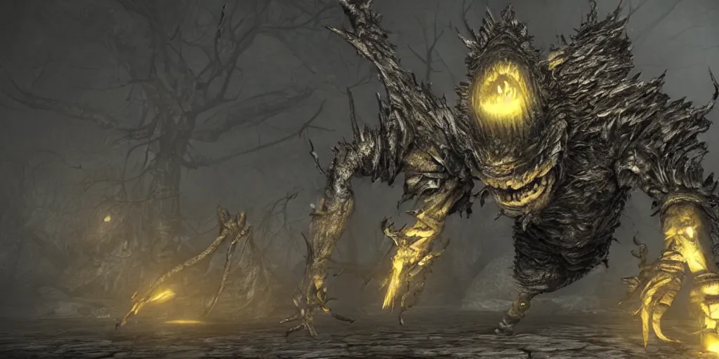 Image similar to minion as a darksouls boss, horror, hd, screenshot,