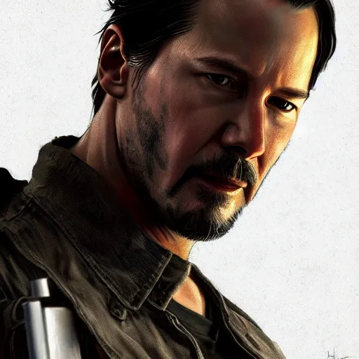 Image similar to Keanu Reeves as the Terminator, hyperdetailed, artstation, cgsociety, 8k