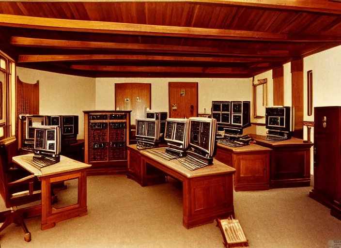 Image similar to realistic photo interior of the spacious wooden polished medieval expensive wooden room observatory scientific interior with dozens of computers and displays and molecules 1 9 9 0, life magazine reportage photo