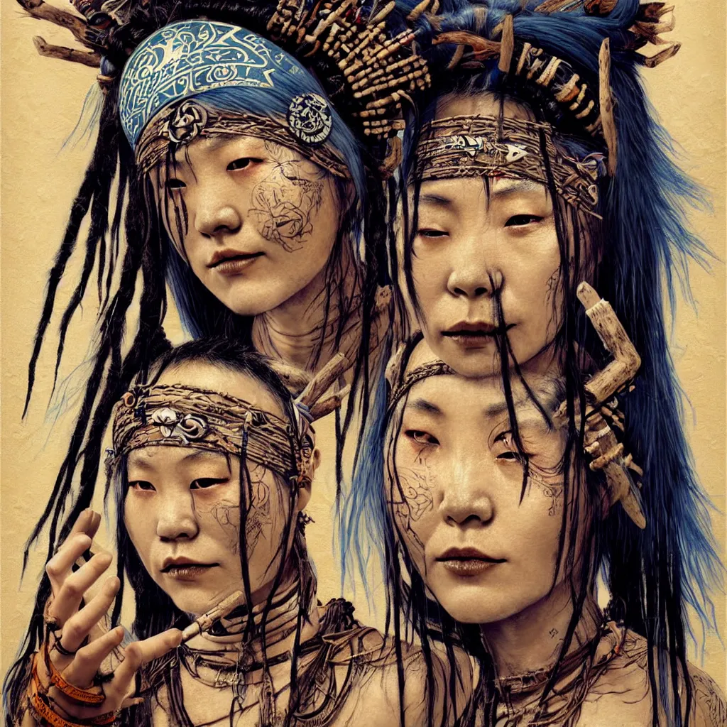 Image similar to A young blindfolded shaman japanese woman with a decorated headband performing a pagan ritual, in the style of heilung, blue hair dreadlocks and wood on her head, tribal piercing and tatoos , atmospheric lighting, intricate detail, cgsociety, ambient light, dynamic lighting, art by karol bak