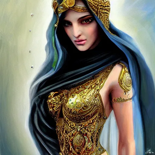 Image similar to beautiful gorgeous pristine arabian Goddess of life with a veil, dark Goddess of artificial intelligence creating an artificial neural network with gold synapses on an anvil with her scythe, high resolution, award winning art, trending on art station, sharp image, incredibly detailed, detailed character, realistic painting, hyper-realistic painting, coherent painting, master piece by ramon y cajal