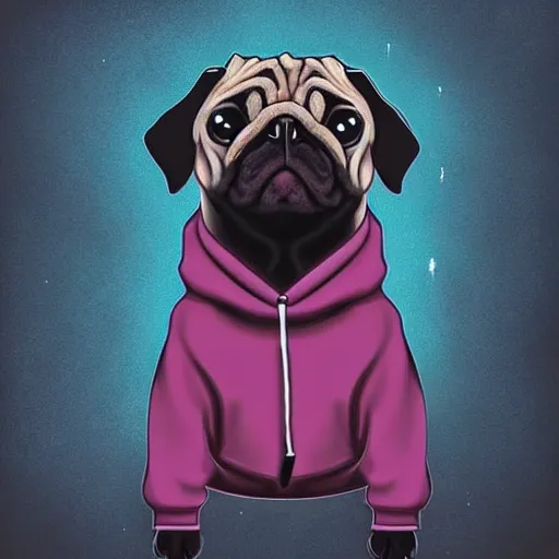 Image similar to a sad pug wearing a hoodie, the word'sad'is written on the hoodie in upper case letter, synthwave style, trending on artstation, matte painting
