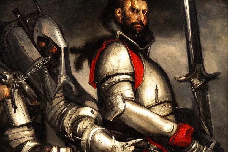 Image similar to portrait, realistic painting image about a templar knight has a chainsaw, versus a monster. dramatic scene, horror, dramatic lighting realism, created by gustave courbet and michaelangelo, trending in artstation, fine art, smooth draw with oil painting.
