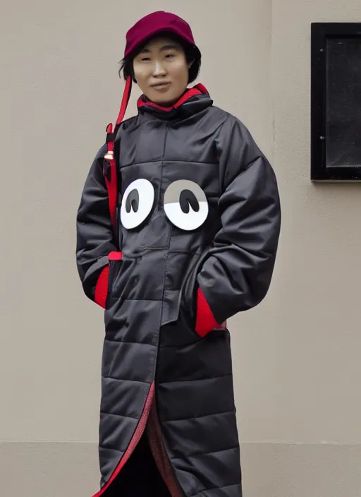 Prompt: Jollibee coat designed by Issey Miyake