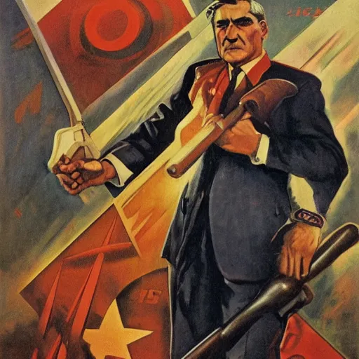 Prompt: soviet propaganda of robert mueller holding a hammer and sickle in realistic collective farm, by j. c. leyendecker, bosch, and beksinski