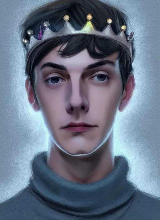 Image similar to portrait of teenage jughead jones wearing a light grey crown, crown, blue turtleneck, 1 9 5 0 s, closed eyes, photorealistic, black hair, glowing lighting, intricate, elegant, glowing lights, highly detailed, digital painting, artstation, concept art, smooth, sharp focus, illustration, art by wlop, mars ravelo and greg rutkowski