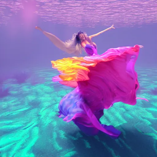 Prompt: woman dancing underwater wearing a flowing dress made of blue, magenta, and yellow seaweed, amazing corals around her, swirling silver fish, unreal engine, caustics lighting from above, cinematic