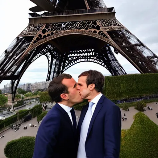 Image similar to gerald darmanin and Emmanuel macron kissing under the eiffel tower