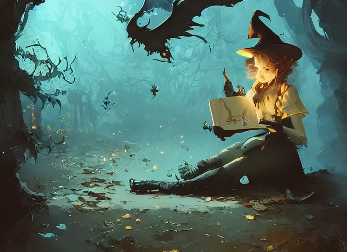 Prompt: a little witch opening a book of magic art by craig mullins, james gilleard, by joe fenton, by greg rutkowski, by greg tocchini, by kaethe butcher, 4 k resolution, gradient yellow, black, brown and cyan color scheme, grunge aesthetic!!!