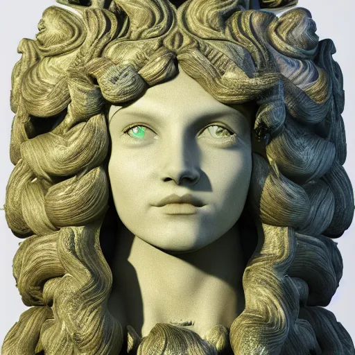 Prompt: Head, medusa, beautiful, stone carved, hood ,seating,full diamond ,realistic,red stone, green, blue, sculpture covered with water veil, gold,dark, Medusa with face, wearing organza gown, in a throne, ,realism + cinematic + realistic + high quality, 8k, octane render, dark, boroque, detailed background + blur 4k