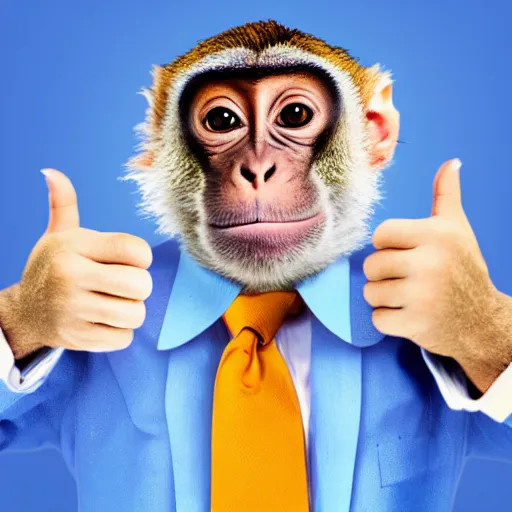 Prompt: “portrait of a Monkey in a suit giving the thumbs up towards the camera, 8K image, blue background”