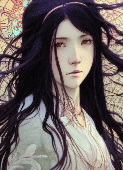 Image similar to pretty young woman with long black hair walking in the darkness, path traced, highly detailed, high quality, digital painting, by studio ghibli and alphonse mucha, leesha hannigan, makoto shinkai, disney