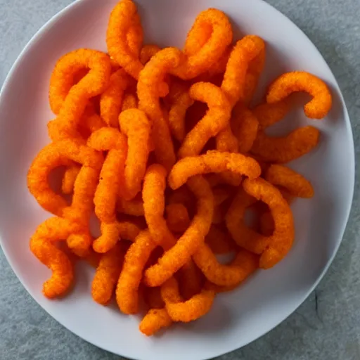 Image similar to a single Cheeto on a white plate