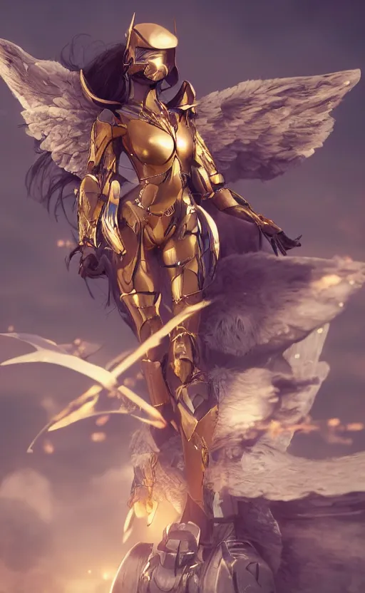 Image similar to Concept art, angel knight girl in golden and cooper armor, artstation trending, octane render, cinematic, highly detailded