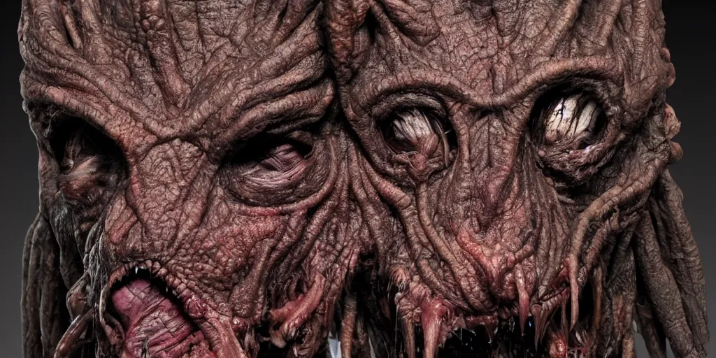 Image similar to a chtulhu creature head closeup, front view, studio lighting, deep colors, apocalyptic setting, gross, evil, veins