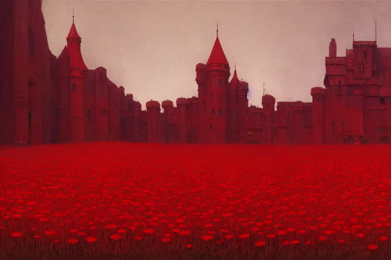 Image similar to only with red, red flowers of different types, red castle in background, red medieval goblins, in the style of beksinski, parts by edward hopper, parts by rodcenko, parts by yue minjun, intricate and epic composition, red by caravaggio, insanely quality, highly detailed, masterpiece, red light, artstation, 4 k