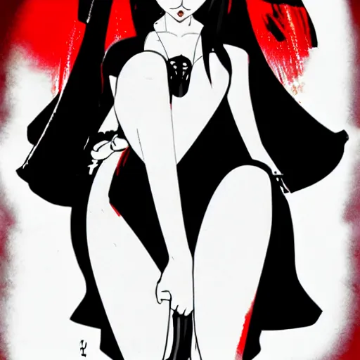 Image similar to anime femme fatale, film noir, black and white and red