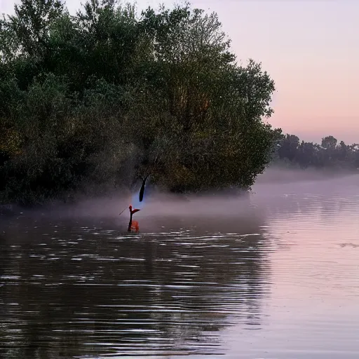 Prompt: scarecrow fishing off a house boat on a red river, dawn, birds in the air, misty, peaceful,