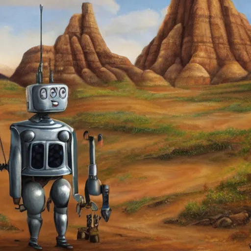 Image similar to oil painting of a medieval fantasy dwarf standing next to a robot made of chrome, badlands in the background, detailed, 4K