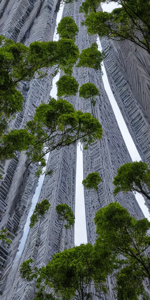 Prompt: tall and slender concrete towers emerge out of the ground. Moss and ferns grow from heavily eroded crevices in the towers. The towers are clustered very close together and stand straight and tall. The office towers have 100 floors. Verticals stay vertical. 2-point perspective.